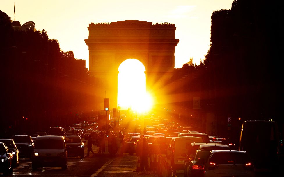 The Arc de Triomphe at the sunset, in Paris, France on 2 August 2020.