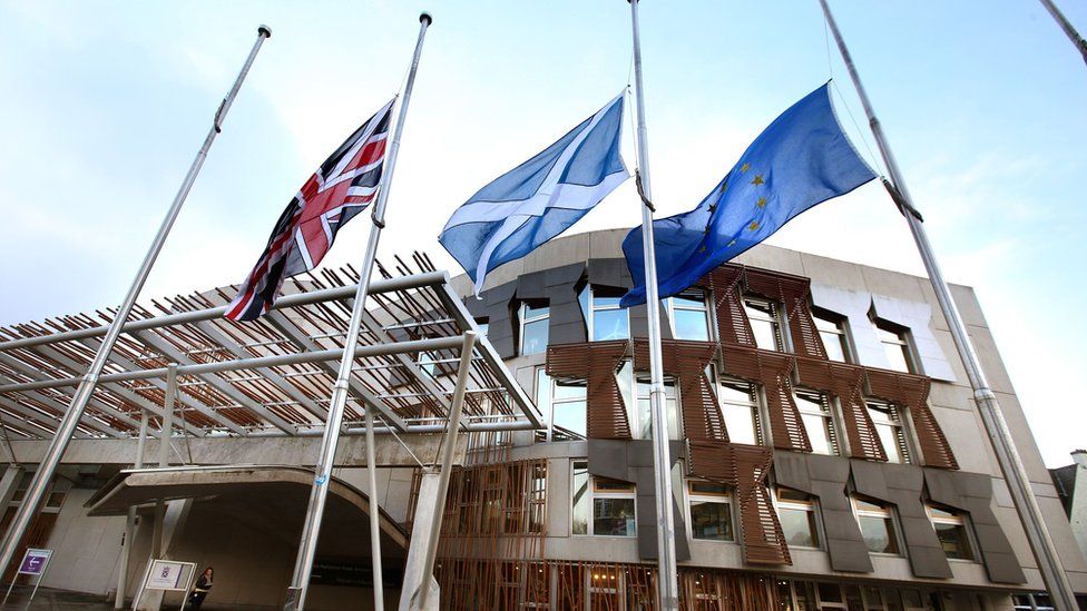 Union Jack, Saltire and European Union flag outside the Scottish Parliament