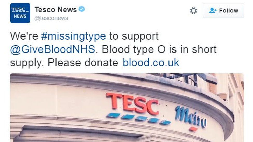 We're #missingtype to support @GiveBloodNHS. Blood type O is in short supply. Please donate http://www.blood.co.uk