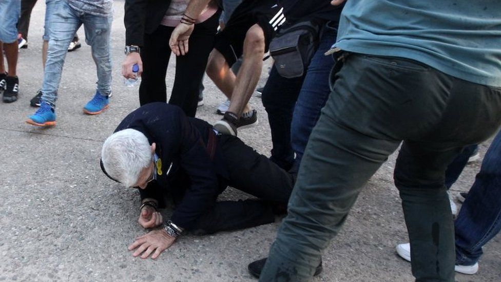 Mayor of Thessaloniki, Yiannis Boutaris, 75-years-old, is aided after being attacked on 19 May 2018.