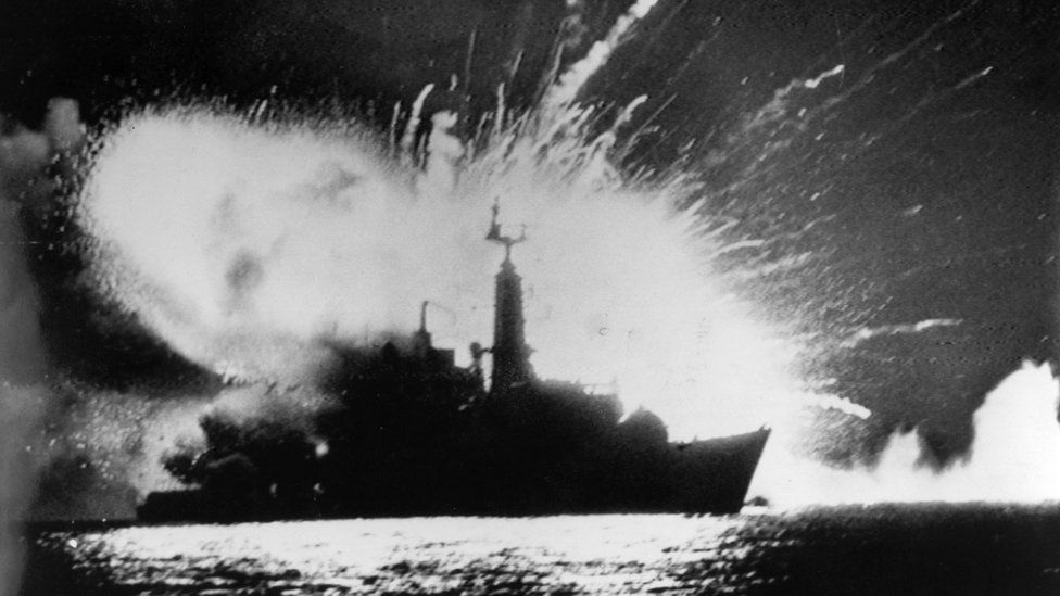 British frigate hit during the Falklands War