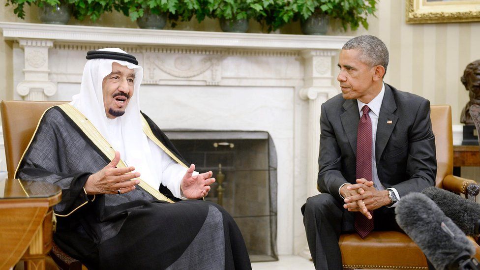 US President Barack Obama (R) and King Salman bin Abdulaziz Al Saud of Saudi Arabia during a bilateral meeting in the Oval Office of the White House in Washington, DC