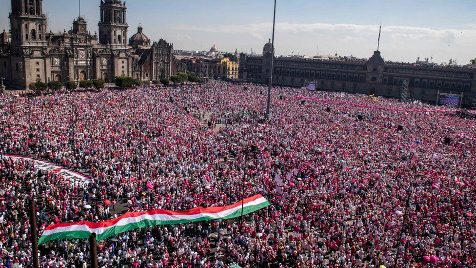 Protesters on Mexico City's historic Zocalo Square, Mexico. Photo: 26 February 2023