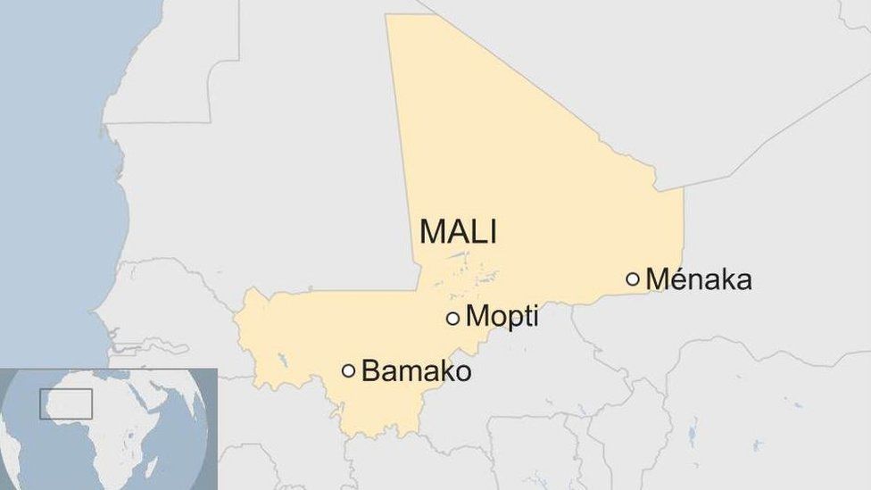 Map of Mali with its capital Bamako, and Mopti and Manaka regions highlighted