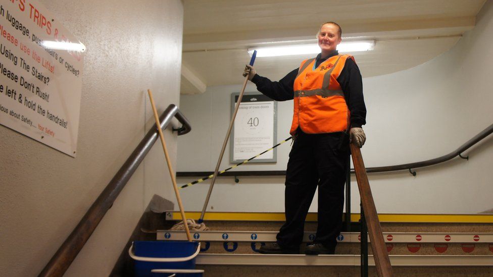 Caroline keeping the station clean
