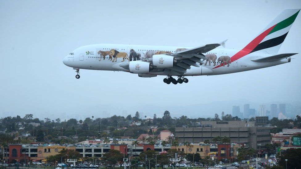 Emirates plane lands at LA aiport