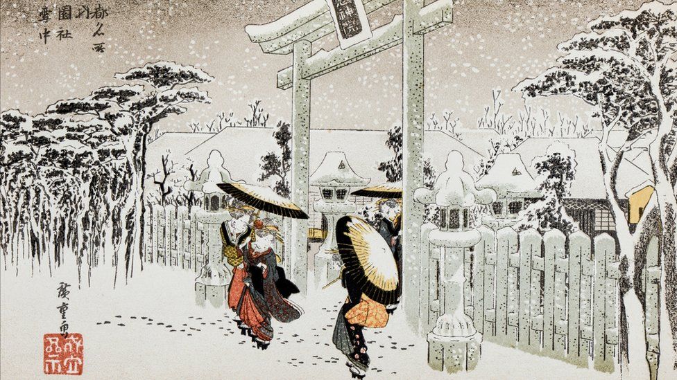 Ilustración antigua: Puerta del templo Shinto hecha por Hiroshige I