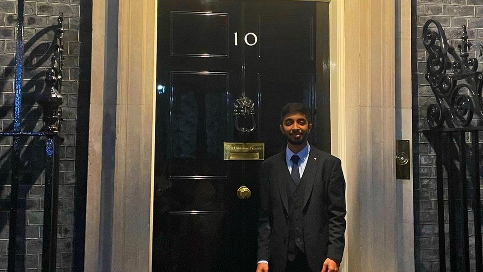 Vivek standing outside 10 Downing Street
