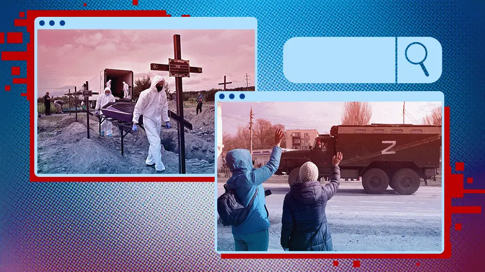 A composite image of mass burials in the Ukraine city of Bucha and people waving at Russian troops in Crimea