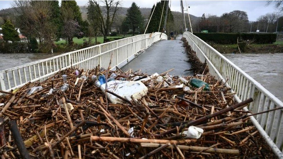Debris on a footbridge in Pontypridd after the flooding