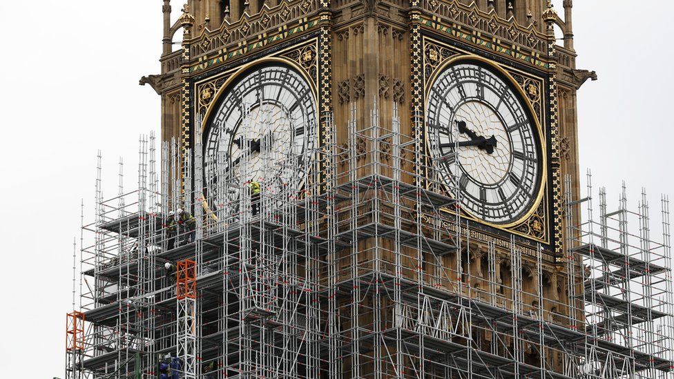 Workmen erect scaffolding around the Elizabeth Tower, commonly known called Big Ben, during ongoing renovations to the Tower and the Houses of Parliament