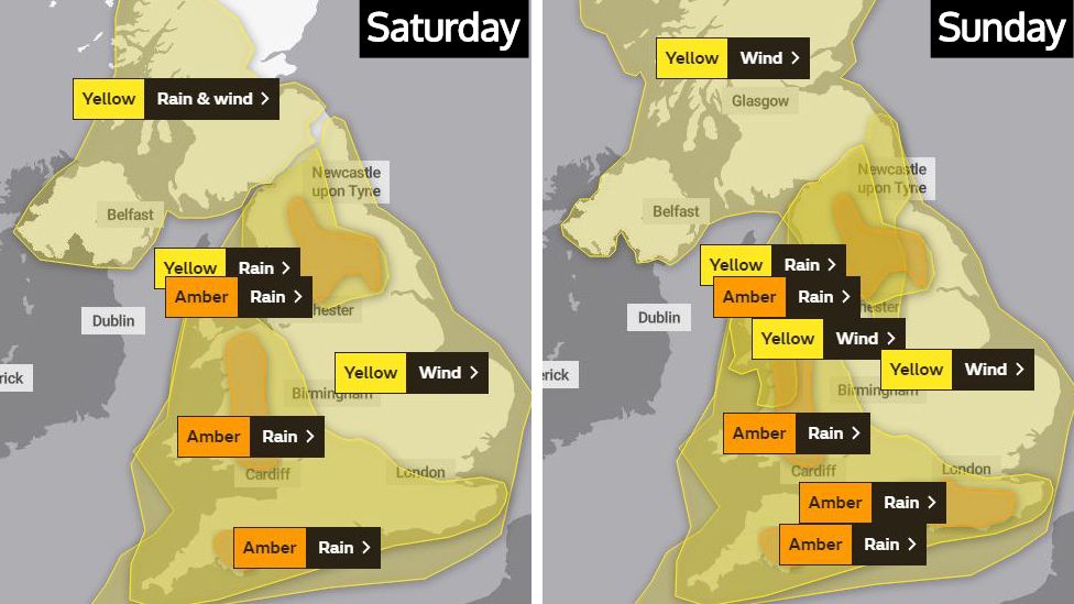 Two maps of UK showing weather warnings in place on Saturday and Sunday