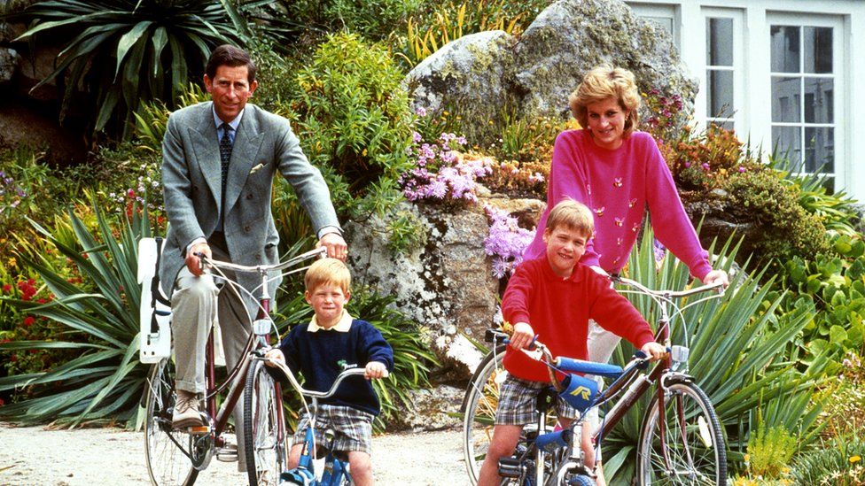 Prince Charles, Princess of Wales and sons cycling in the Scilly Isles
