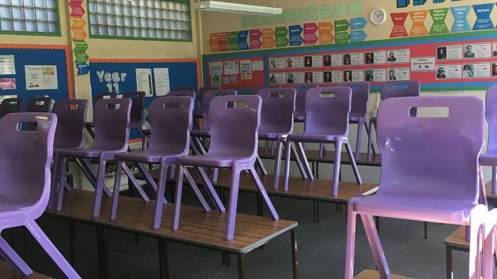 A Therfield School classroom with chairs on the tables