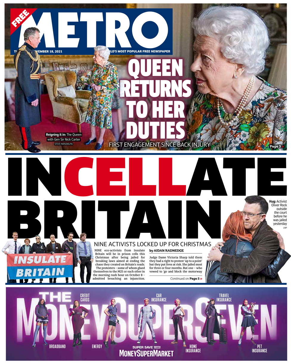 Front page of the Metro