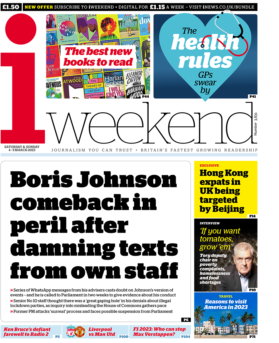The headline in the i newspaper reads: Boris Johnson comeback in peril after damning texts from own staff
