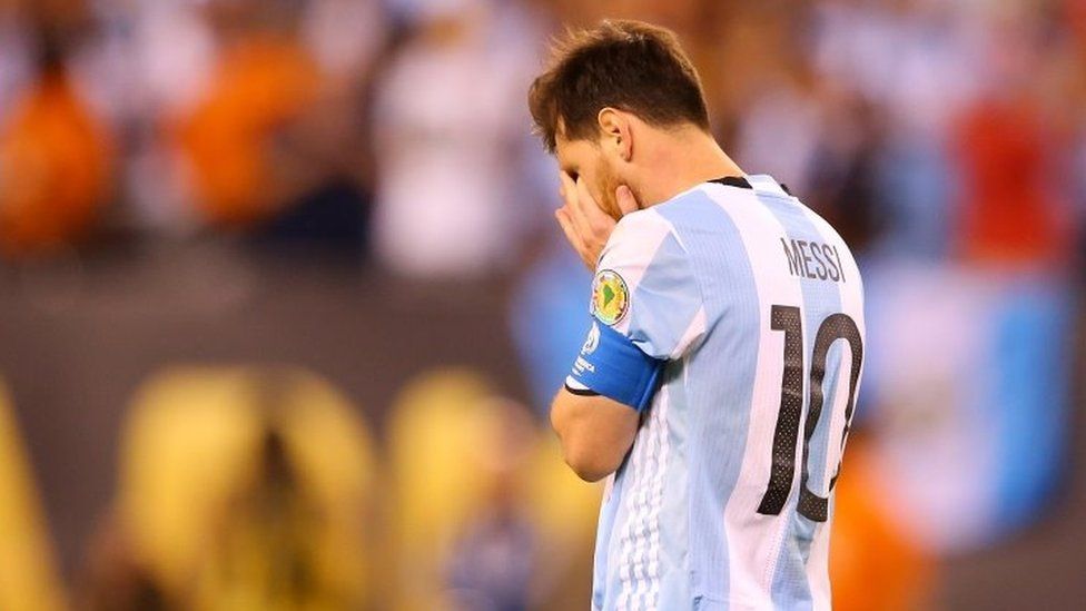 Lionel Messi #10 of Argentina reacts after missing a penalty kick against Chile during the Copa America Centenario Championship match at MetLife Stadium on June 26, 2016 in East Rutherford, New Jersey.