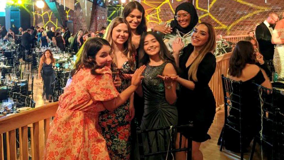 Ashruti (third from left) with friends Emily, Becky, Ellie, Fatma and Amanda