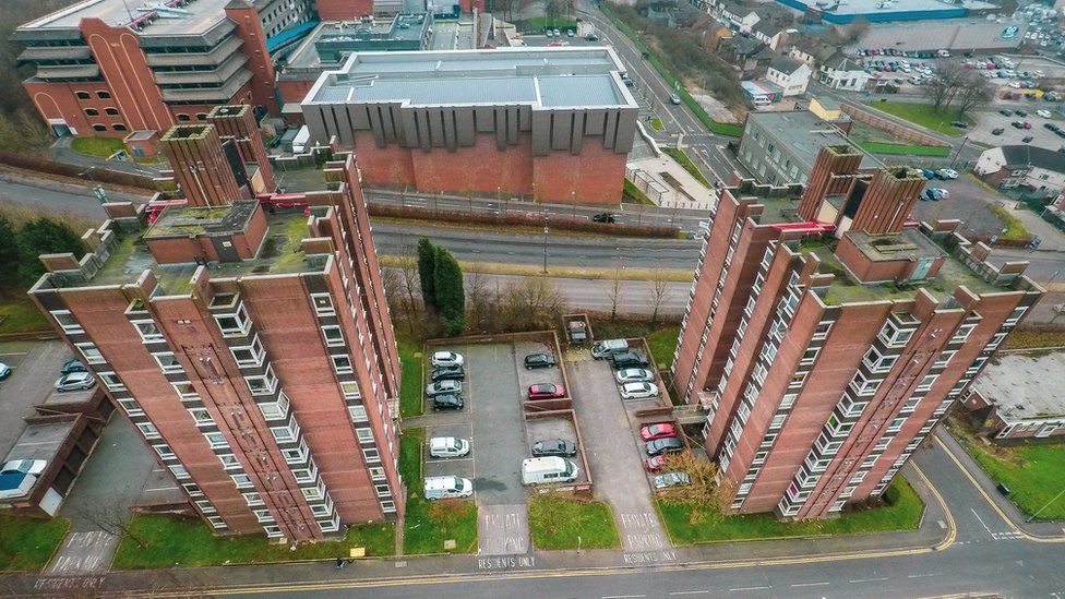 An aerial view of high rise tower blocks in Stoke-on-Trent
