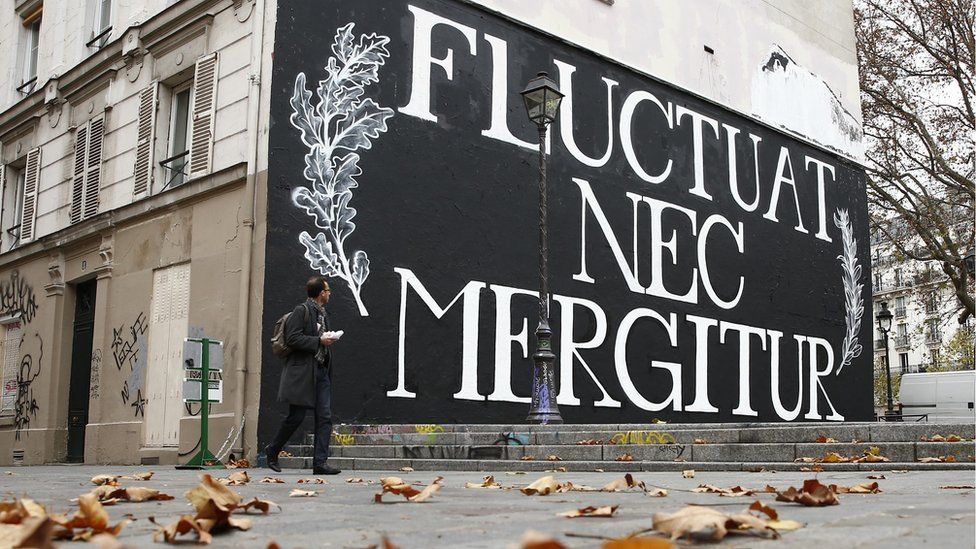 City of Paris motto "Fluctuat Nec Mergitur", Latin for "buffeted (by waves) but not sunk", in Paris, France, November 17, 2015