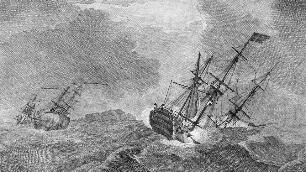 An engraving of the 1744 sinking of the Victory by artist Peter Monamy and engraver Pierre Charles Canot published in 1744/5