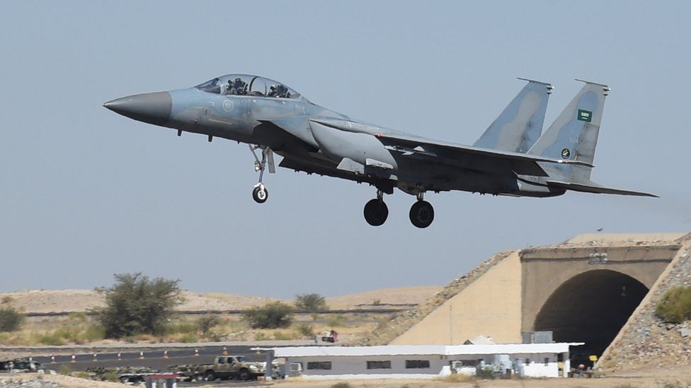 a Saudi F-15 fighter jet landing at the Khamis Mushayt military airbase, some 880 km from the capital Riyadh, as the Saudi army conducts operations over Yemen. - December 2015
