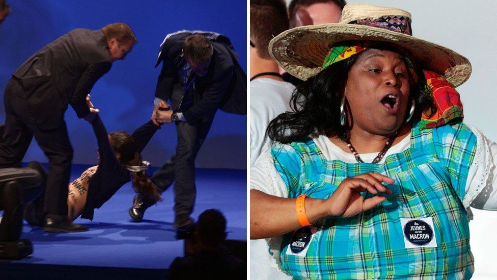 A protester is dragged off stage at a Le Pen rally, left, while a woman dances at a Macron rally