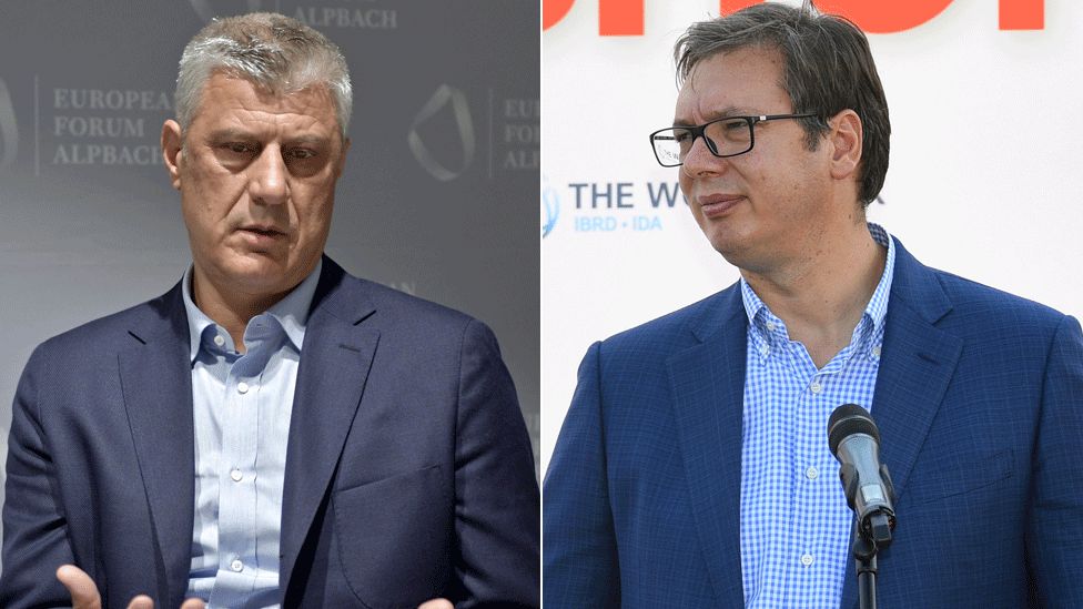 Kosovo President Hashim Thaci (L) and Serbian President Aleksandar Vucic
