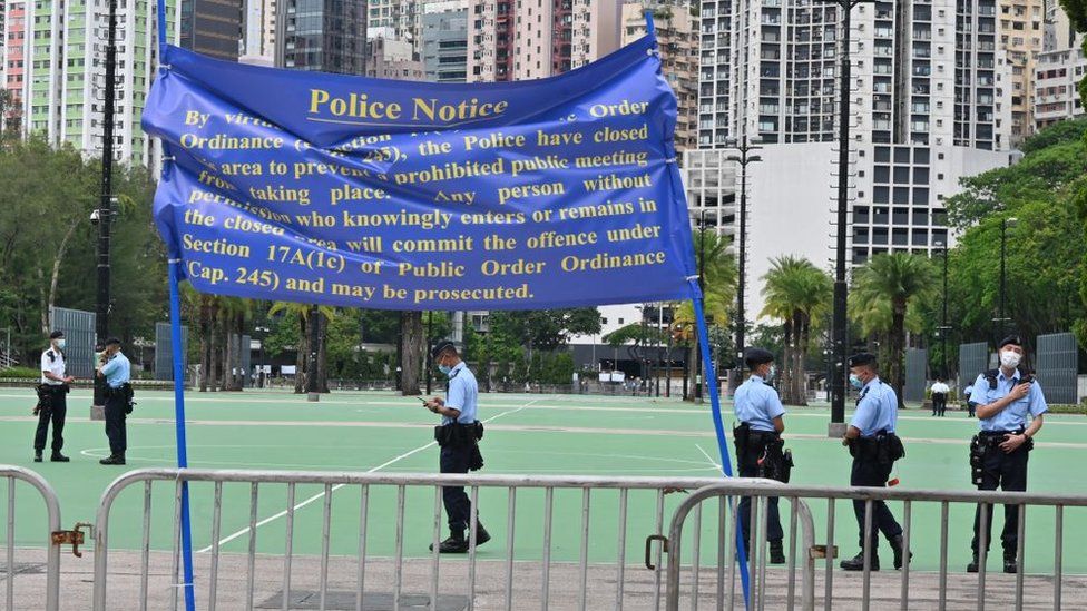 Officers close off Victoria Park in Hong Kong, June 2021