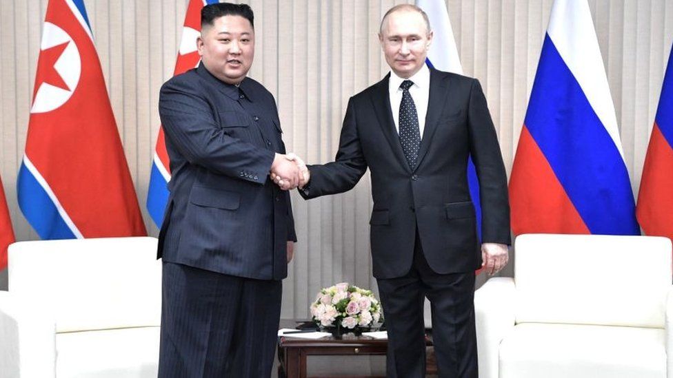 North Korea leader Kim Jong Un (L) attends a meeting with Russian President Vladimir Putin (R) in Vladivostok, Russia, on April, 25, 2019.