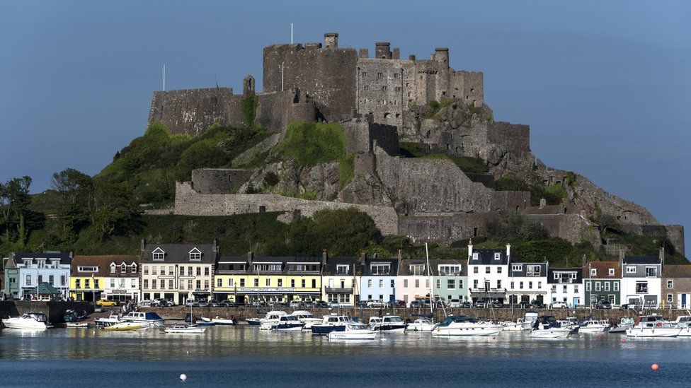 Mont Orgueil Castle above the small fishing port of Gorey on the east coast of Jersey in the Channel Islands