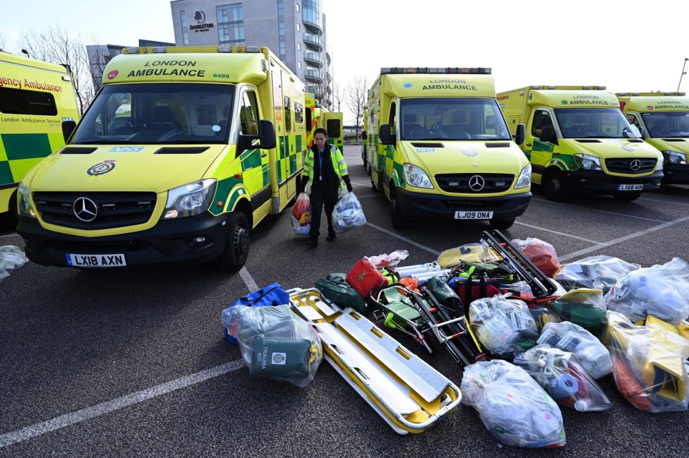 Ambulances seen parked outside the NHS Nightingale Hospital