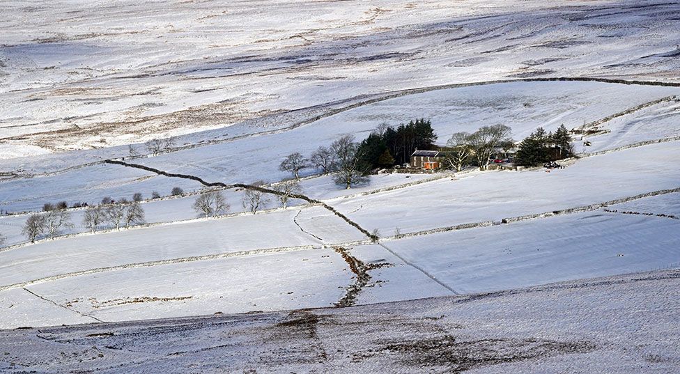 A snow covered landscape near Stanhope, County Durham, as Storm Eunice sweeps across the UK on 18 February 2022