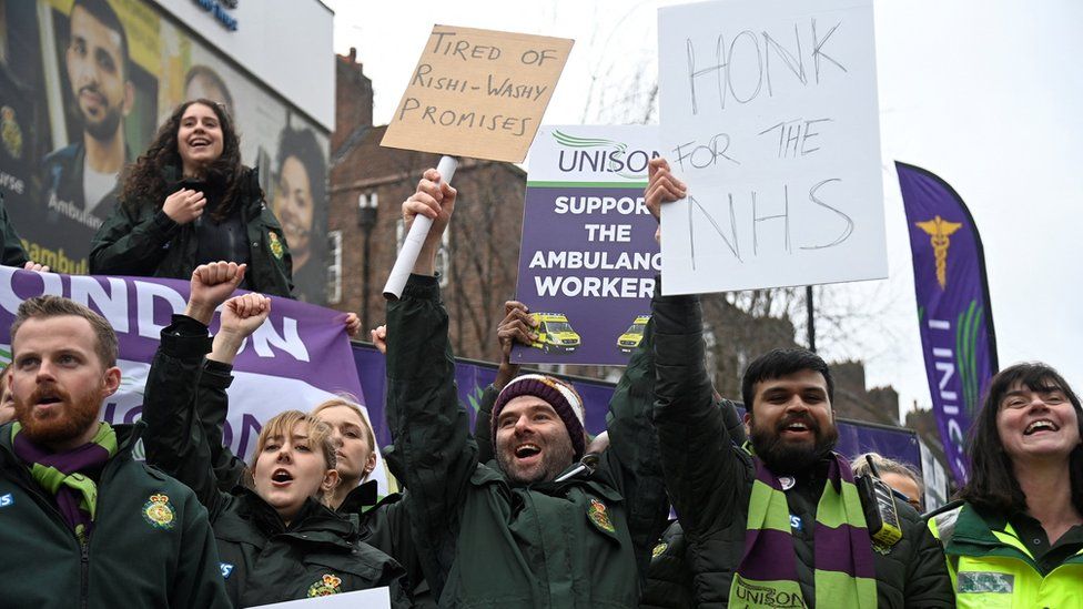 Ambulance workers striking in London on 11 January