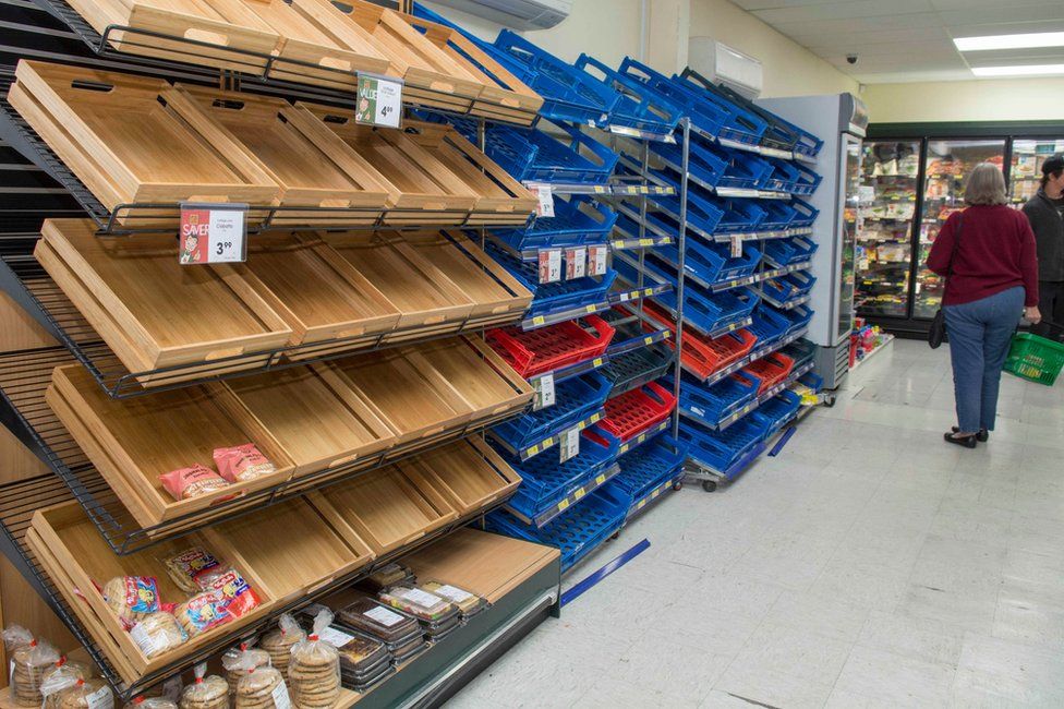 Empty shelves in the bread aisle at the Four Square Hanmer Springs after the 7.8 magnitude Hanmer Earthquake, in Christchurch, New Zealand, Monday, 14 November 2016.