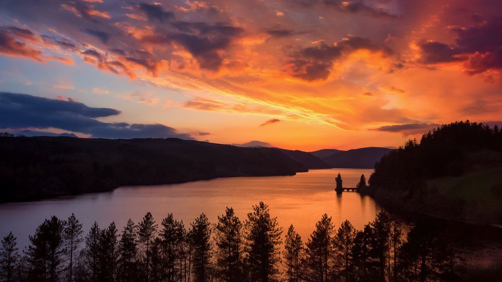 Sunset over Lake Vyrnwy in Powys