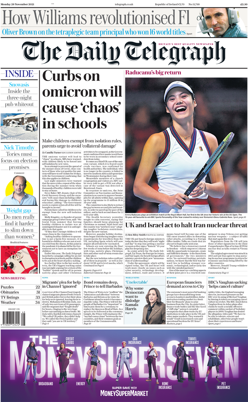 The Daily Telegraph front page 29 November 2021
