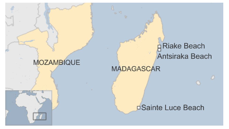 Map of Madagascar with locations of beaches where debris have been found