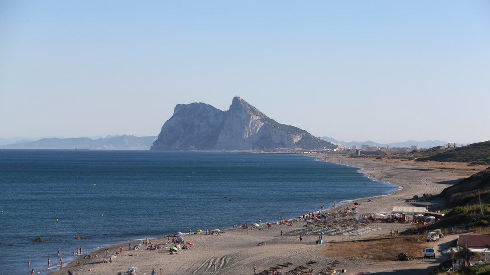 Spanish beach with Rock of Gibraltar in the background