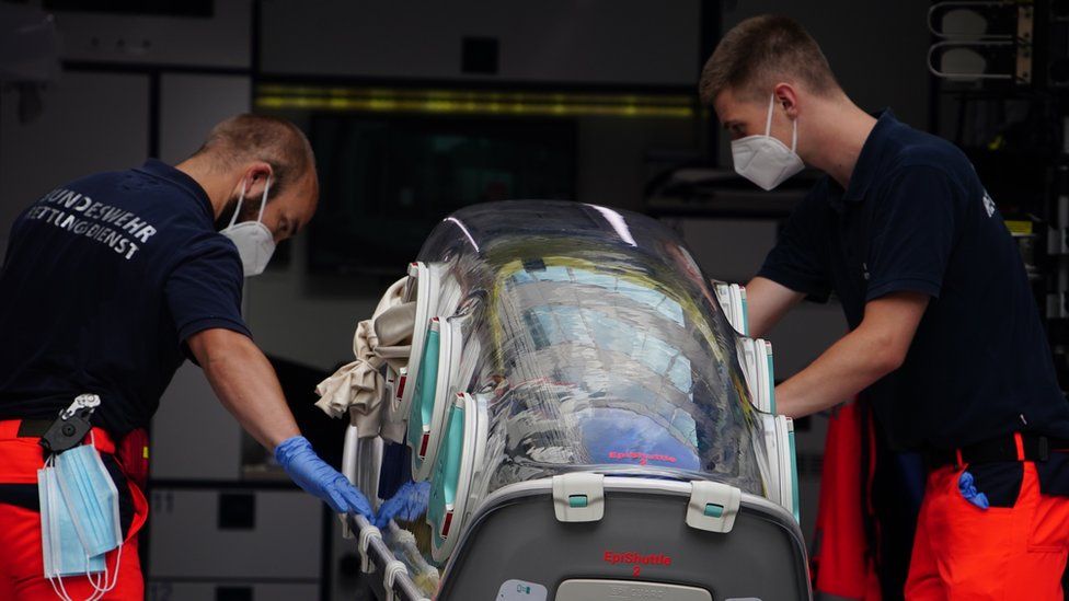 German Bundeswehr paramedics at the clinic after Russian opposition activist Alexei Navalny arrived at Charite clinic in Berlin, Germany