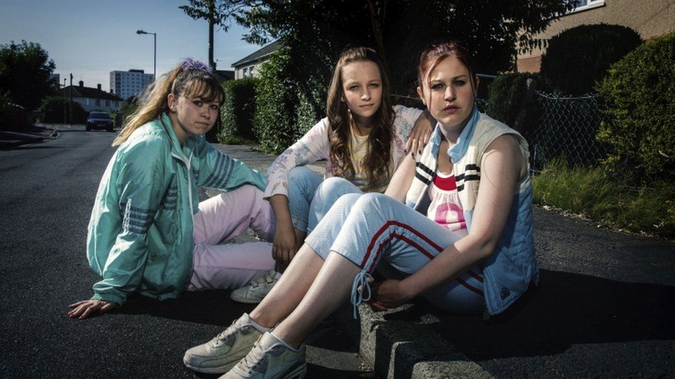 Ruby (Liv Hill), Holly (Molly Windsor), and Amber (Ria Zmitrowicz), who appear in the new BBC drama based on the Rochdale abuse scandal