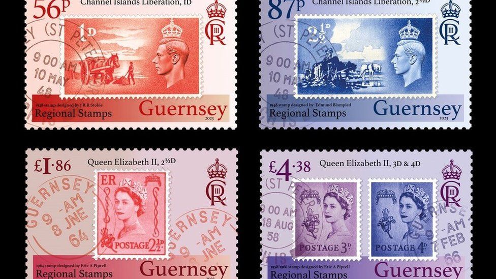 Четыре марки с изображением первых региональных марок Гернси