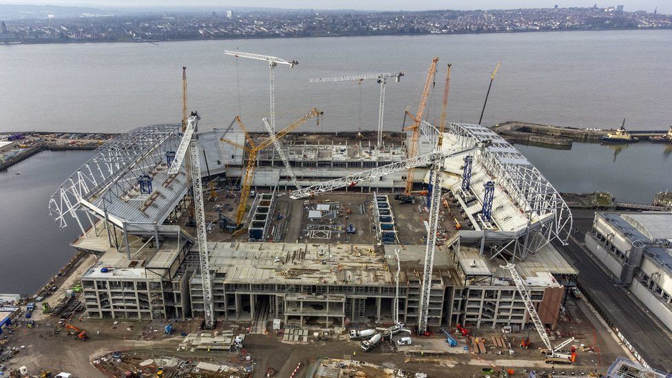Aerial view of Everton's new stadium being built against the backdrop of the River Mersey