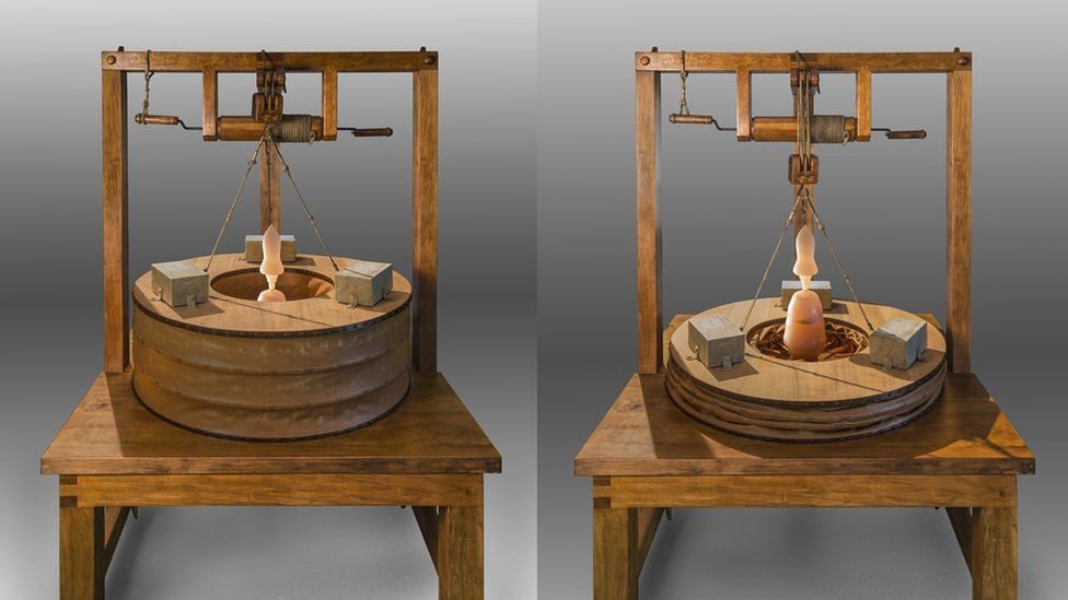 An image of the wooden model - on the left the bellows is expanded, and on the left it is compressed