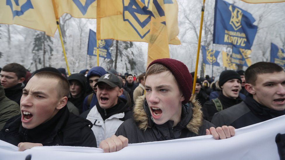 Ukrainian Nationalists attend their rally in front of parliament in Kiev, Ukraine, 26 November 2018