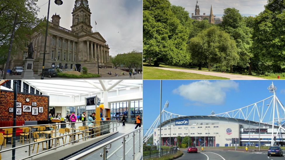 (Clockwise from top left) Bolton Albert Halls, Queen's Park, Macron Stadium, Bolton Interchange