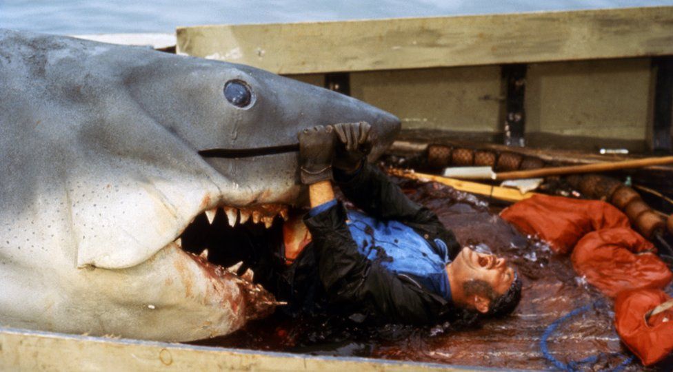 Robert Shaw with the mechanical shark on the set of Jaws