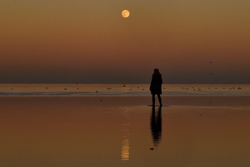 A woman looks at a full Moon while walking in the water at Seapoint beach in Dublin, Ireland, on 17 January 2022