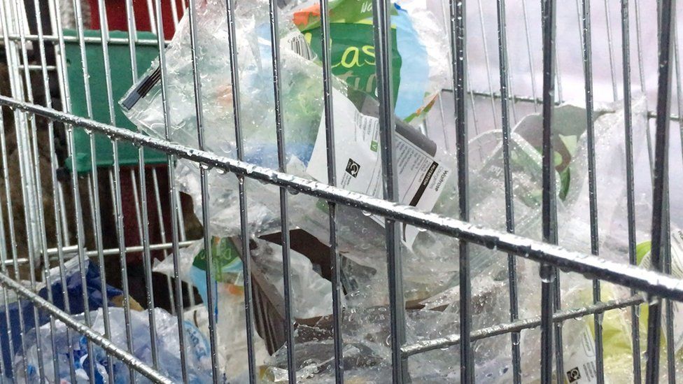 Plastic wrapping in a shopping trolley (at Waitrose, Menai Bridge, Anglesey - March 2019)