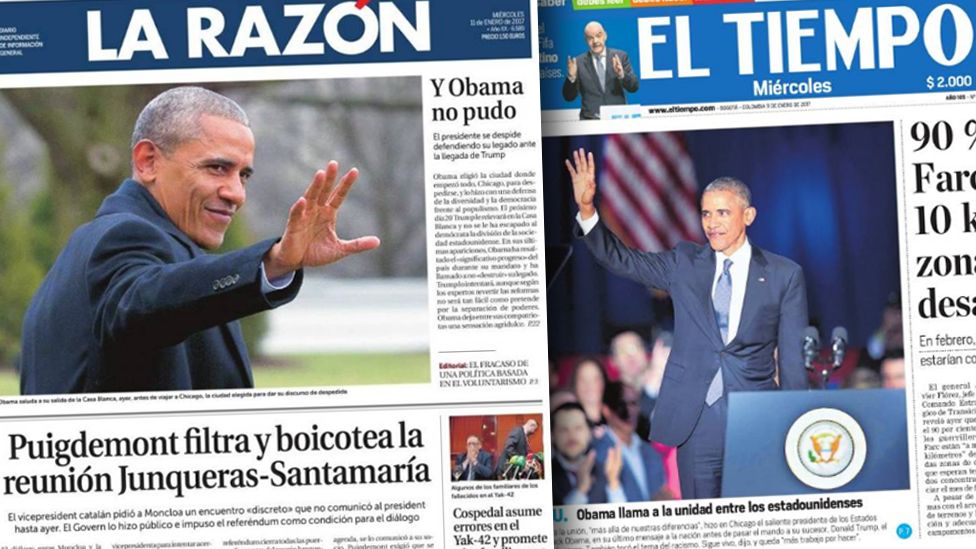 Front covers of Spanish newspaper La Razon and Colombian newspaper El Tiempo